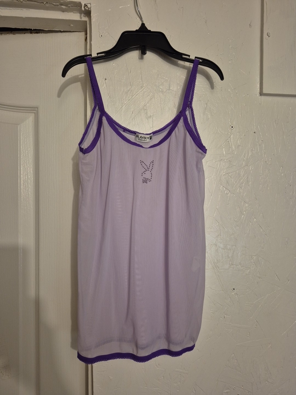 Y2k Rare PLAYBOY Lavender Slip Top with Purple Trim and Rhinestone Bunny